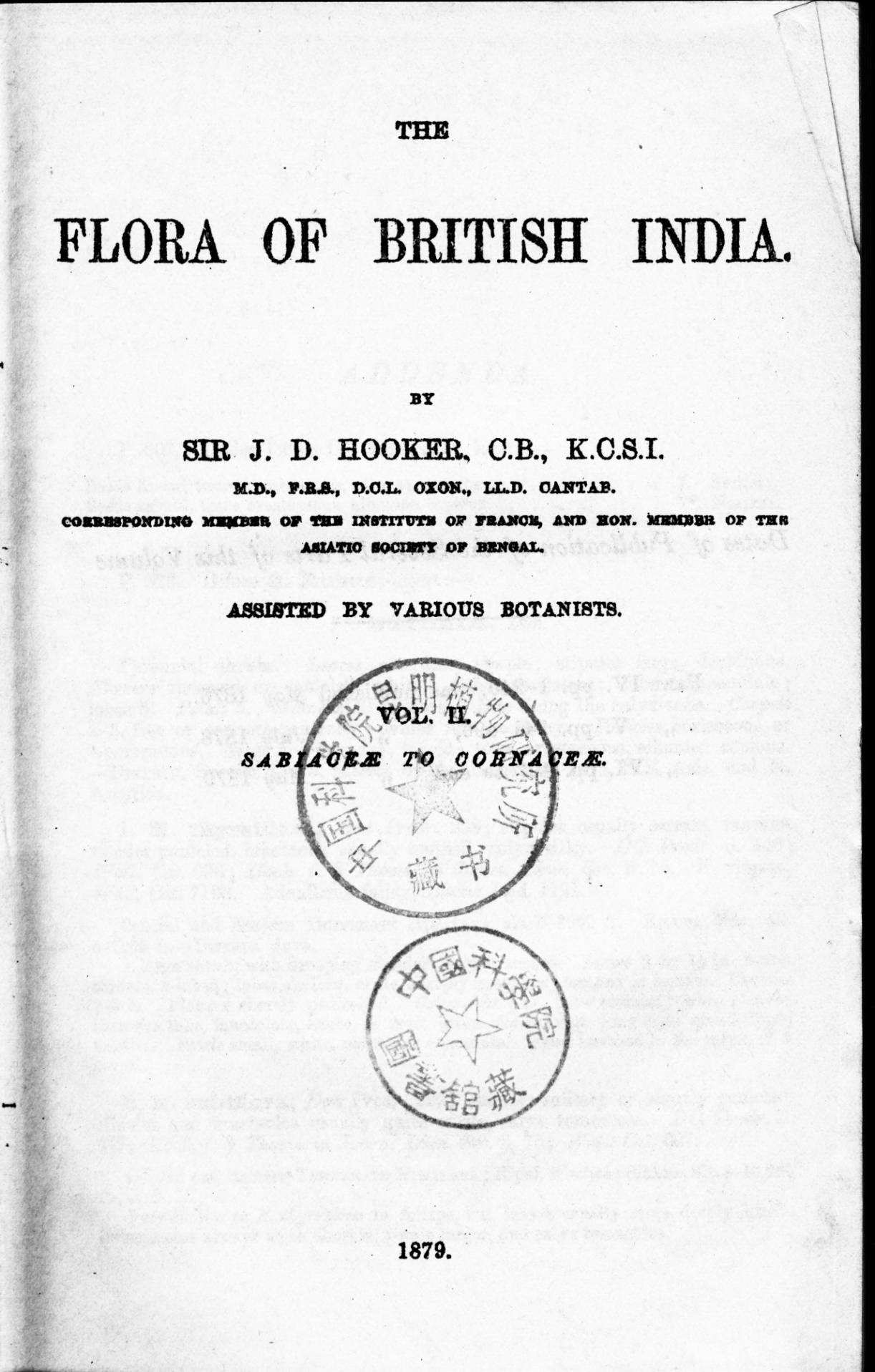 THE FLORA OF BRITISH INDIA VOL.Ⅱ SABIACEA TO CORNACEA
